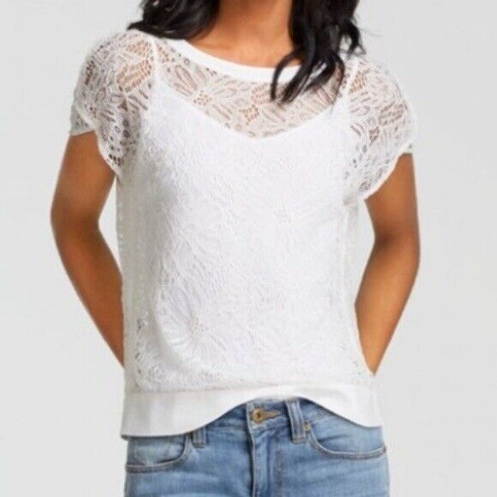 Cabi Lace Sheer Crochet Top In Cream Style #5342
